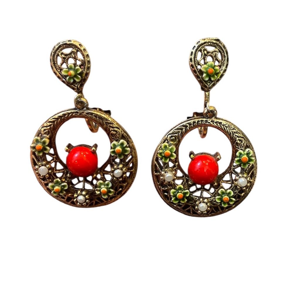 Vintage Antique Inspired Bronze Tone Floral Drop Clip Earrings Red Accent